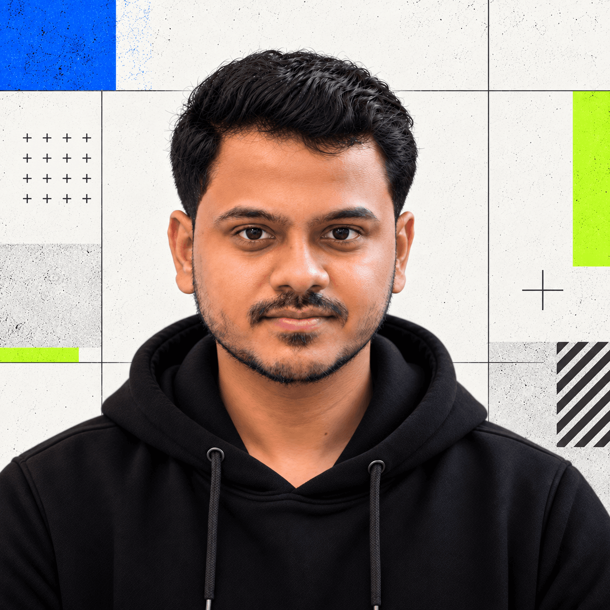 Saurabh Jadhav in a black hoodie against a graphic blue, white, and lime backdrop